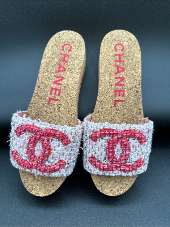 CHANEL Shoes - CHANEL Pink Tweed Slide Sandals with Red CC Emblem